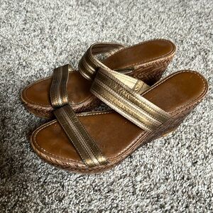 Italian made gold strap braided cork wedges US  7